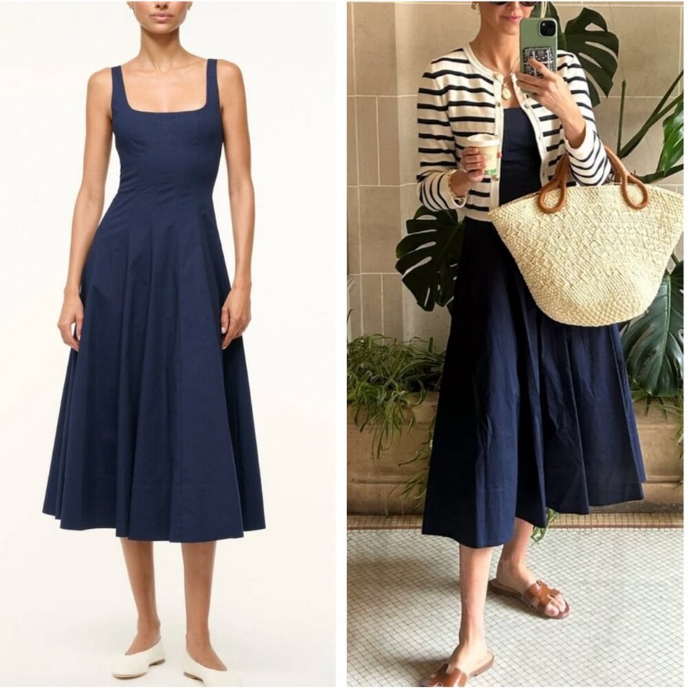 NEW STAUD Wells Midi Dress Navy Blue Classic Cotton
